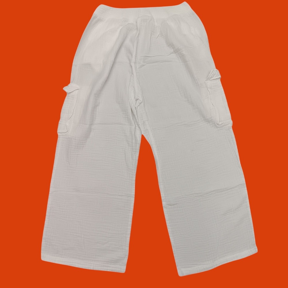 Aerie White Gauze Wide Leg Cargo Pants Large Long Elastic Waist Textured Pull On